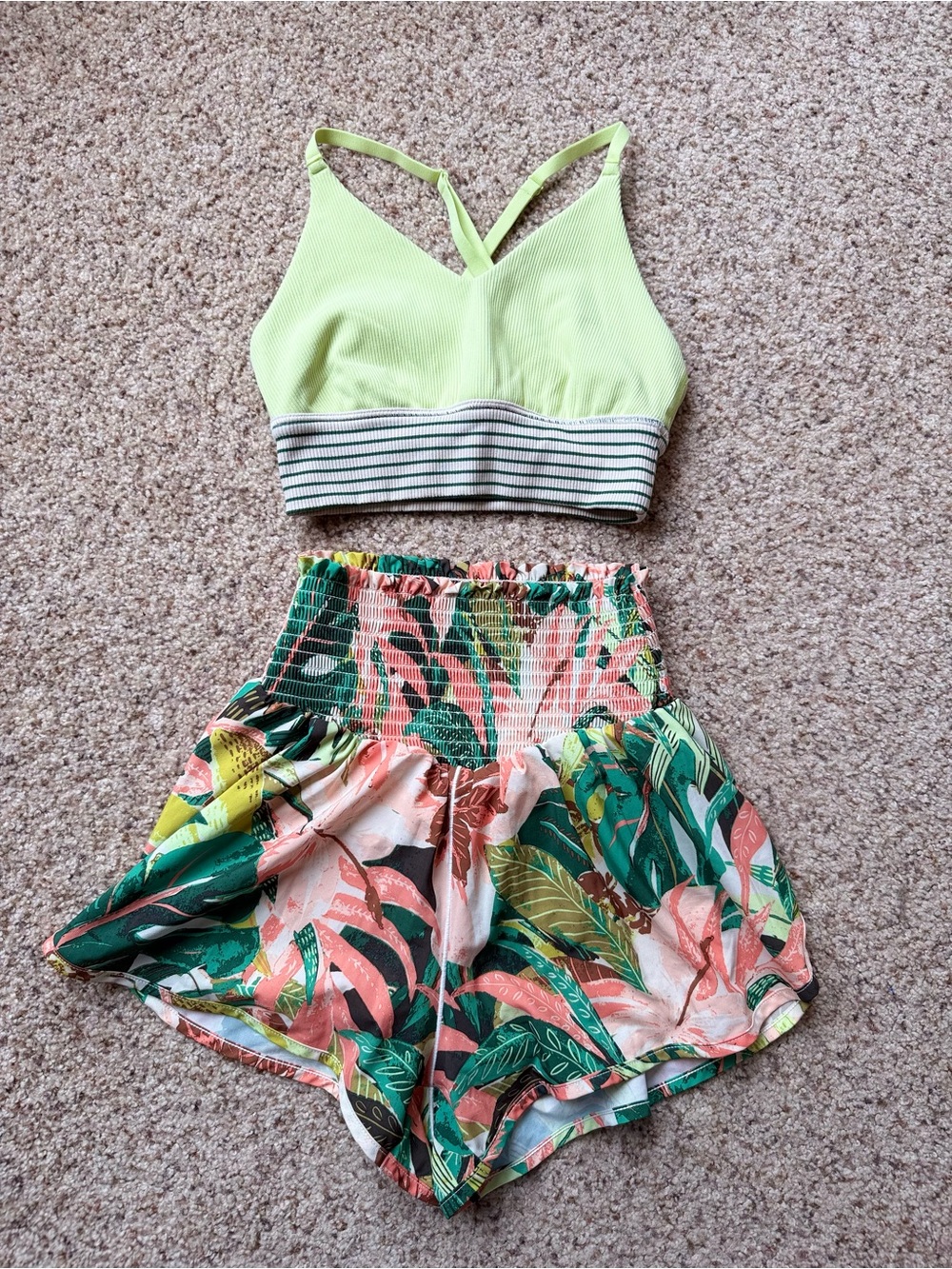 Girls High-Waist Tropical Shorts & Lime Ribbed Crop Top Matching Set